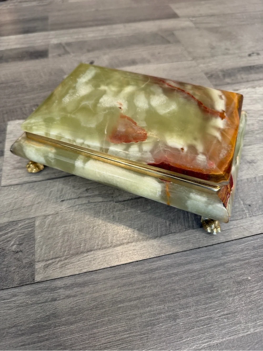 Vintage Green and Brown Onyx marble Italian Jewelry Box with Gold Feet